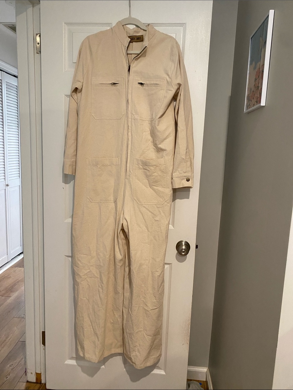 Karen Zambos Cream Cotton Utility Jumpsuit